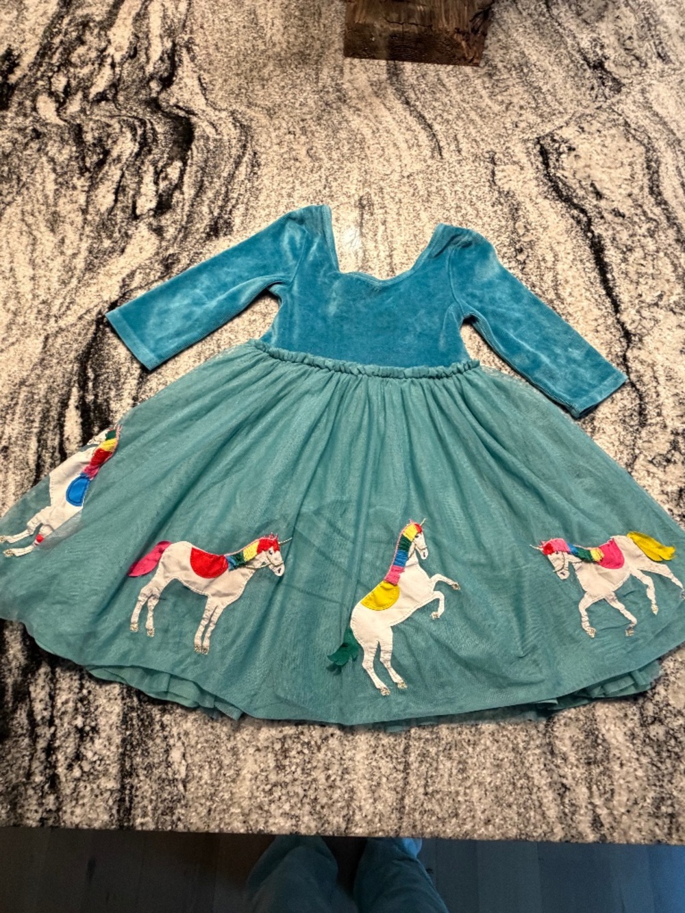 Mini Boden Teal Velvet Unicorn Party Dress Size 4 5